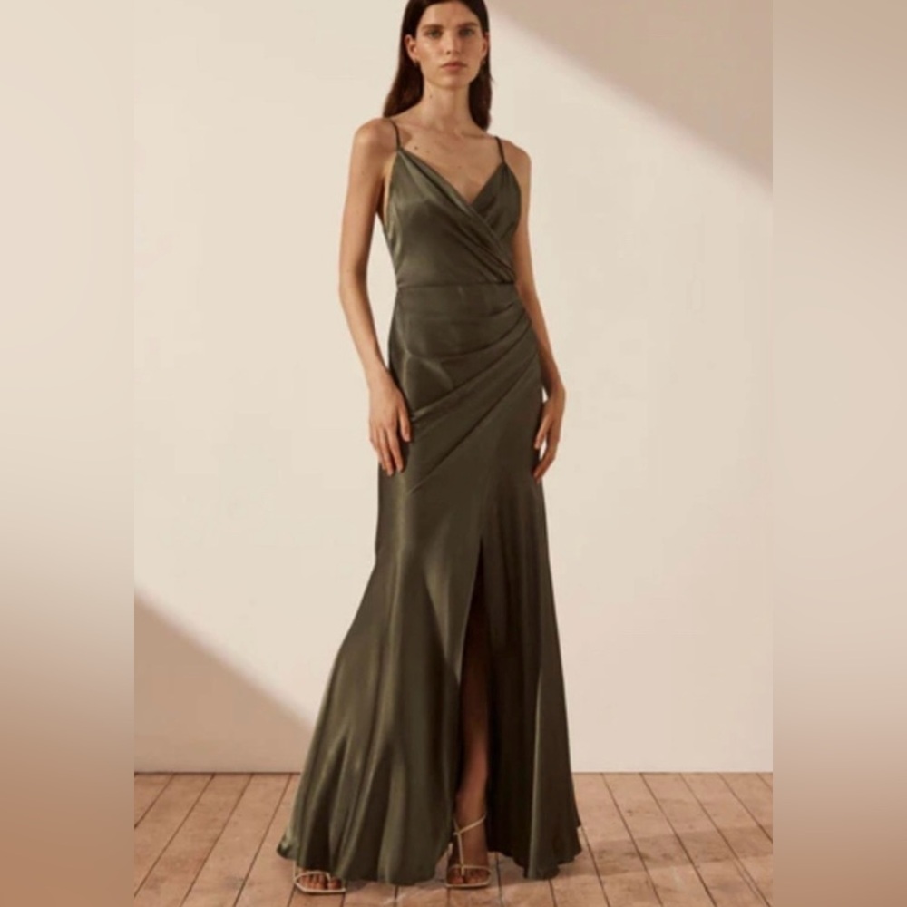 Shona Joy La Lune Cross Draped Forest Maxi V-neck Cocktail Dress